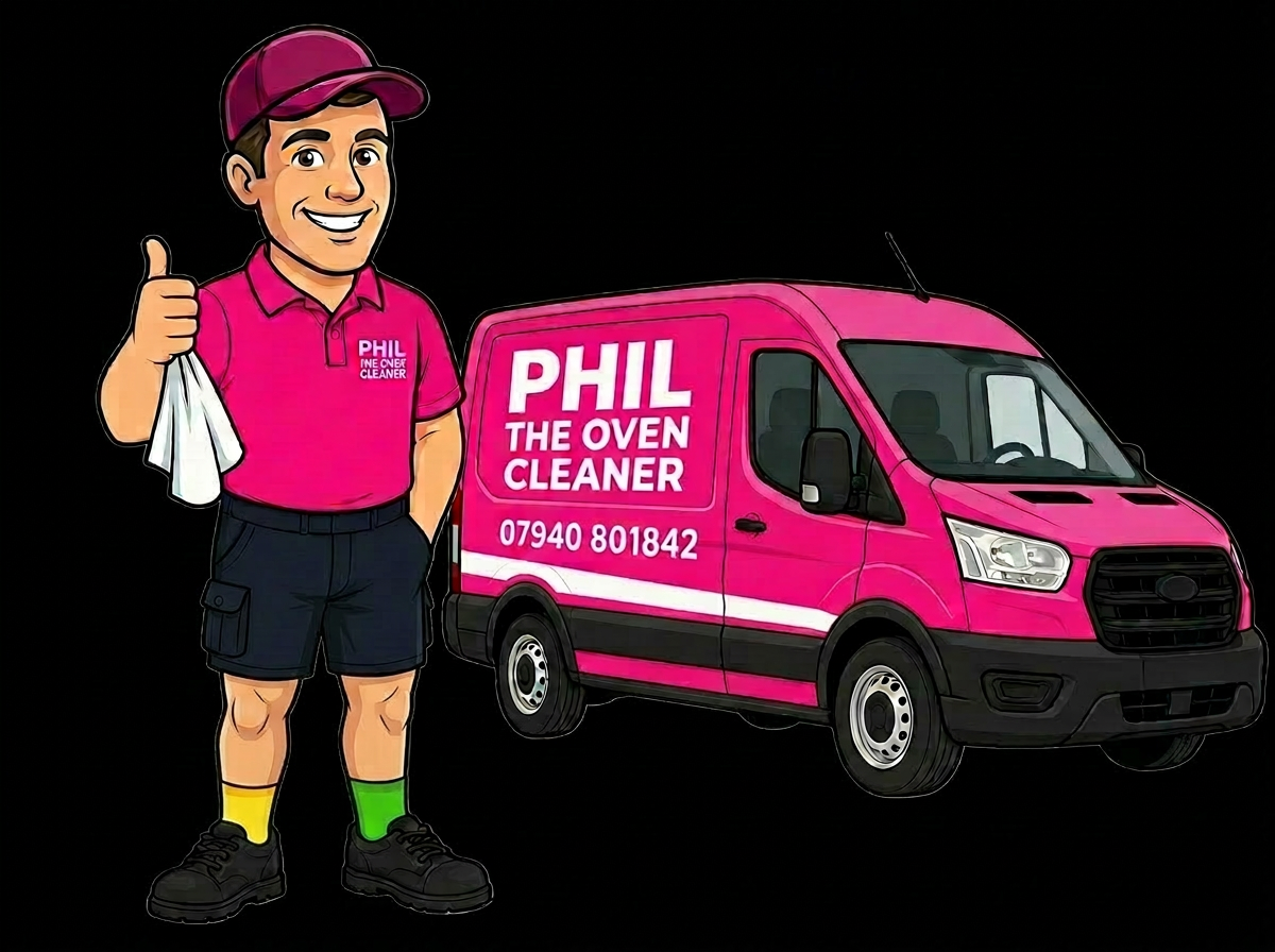 Cartoon avatar of Phil the Oven Cleaner standing next to his branded bright pink and white van
